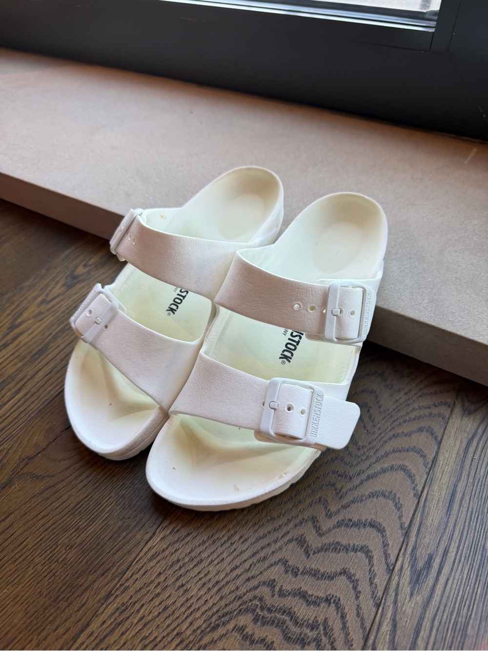 Birkenstock Arizona Essentials EVA White Double-Buckle Slide Sandals